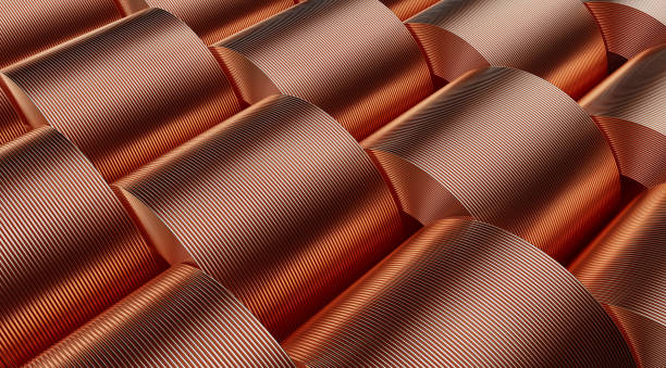 3d rendering roll of copper sheets or heap of copper tapes
