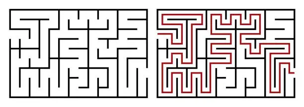 Vector illustration of Abstract maze. Find right way. Isolated simple square maze black line on white background. Vector illustration.