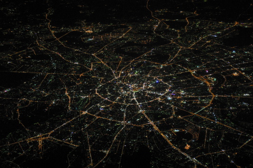 View onto Moscow from a plane at night. 