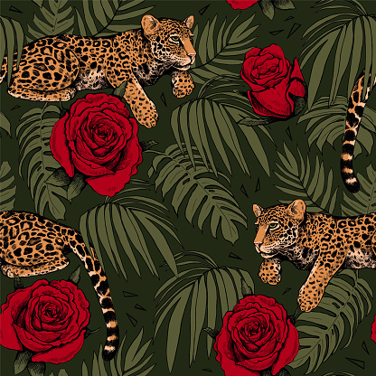 Leopards on the branches of a tree. Seamless pattern of tropical leaves, flowers, and leopards. A modern bright illustration in trendy colors.