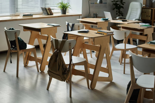 istock Modern classroom with workplaces of students 1443545826