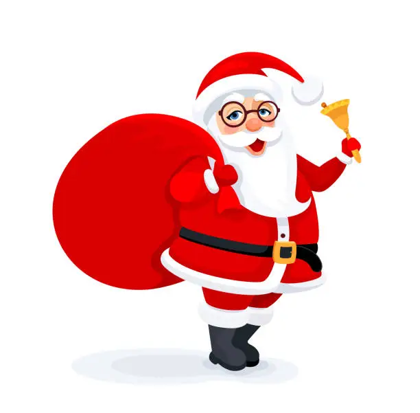 Vector illustration of Happy Santa Claus ringing a bell. Christmas card. Banner.