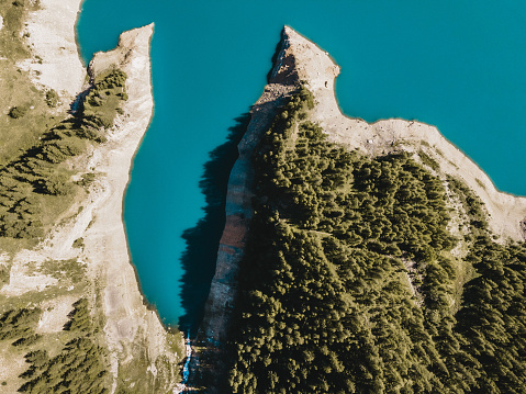French alps, Lake of Tignes in the summer, baby blue, drone shot on Mavic Air 2