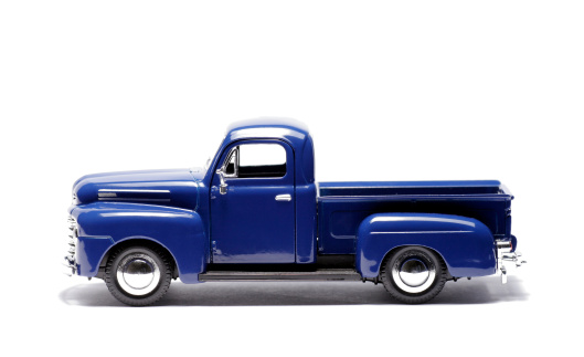 Blue Toy Car, Pick-Up Truck On White Background
