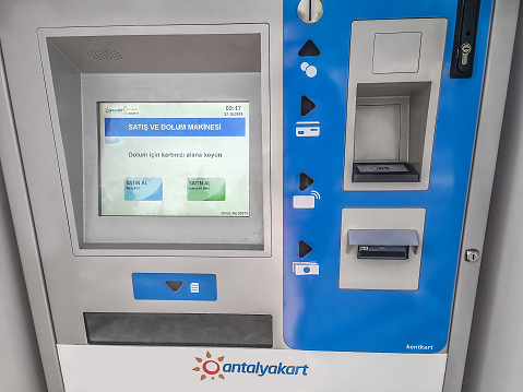 Antalya, Turkey - October 27, 2019: Antalyakart transport ticket machine display in Antalya, close-up. Modern technology for passenger self-service in a Turkish city