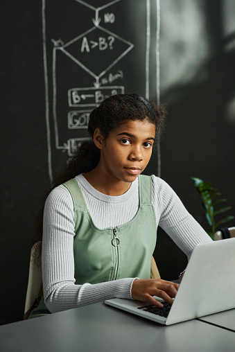 Portrait of African American schoolgirl looking at camera while sitting at table at class and typing on laptop