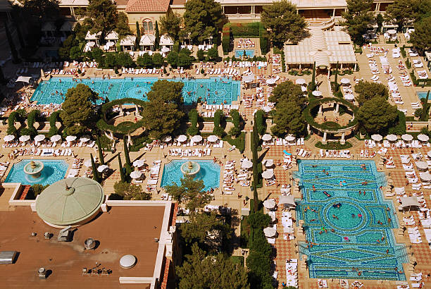 Pool From Above Aerial view of swimming pools at the Bellagio Hotel in Las Vegas bellagio stock pictures, royalty-free photos & images