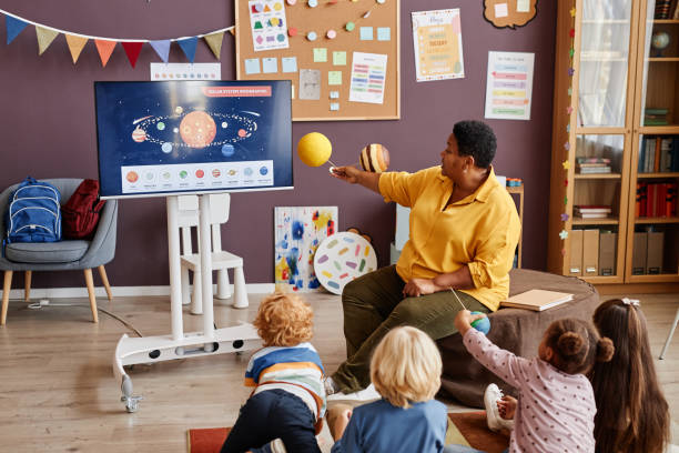 istock Confident mature teacher making presentation of solar system 1443549119