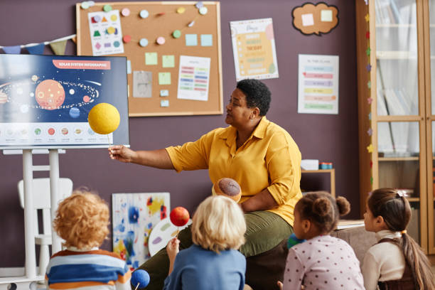 Teacher of nursery school holding model of sun during presentation Teacher of nursery school holding model of sun while making presentation of solar system to little learners in kindergarten kids using smart board stock pictures, royalty-free photos & images