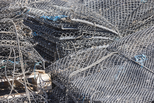 nets at an oyster farm at the Étang de Diane, a coastal lagoon beside the Tyrrhenian Sea on the east coast of Haute-Corse department on the French island of Corsica
