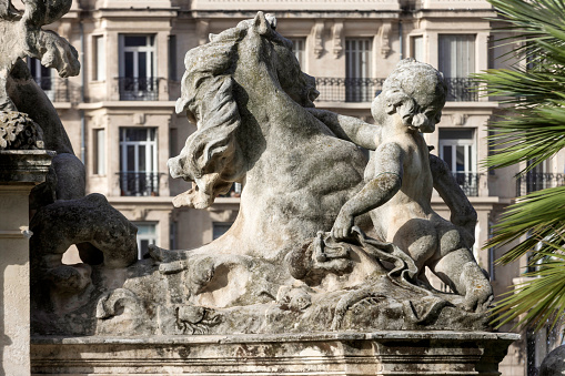 Fontaine de la Fédération (Federation Fountain) on the Place de la Liberté, the main square in the center of Toulon. The monument was created in 1852 by architect Gaudensi Allar and sculptor André-Joseph Allar; Toulon, France