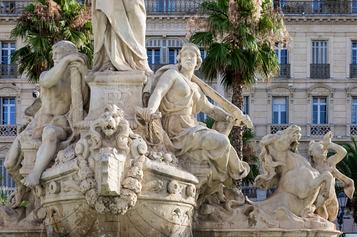 Fontaine de la Fédération (Federation Fountain) on the Place de la Liberté, the main square in the center of Toulon. The monument was created in 1852 by architect Gaudensi Allar and sculptor André-Joseph Allar; Toulon, France