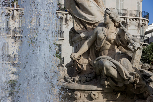 Fontaine de la Fédération (Federation Fountain) on the Place de la Liberté, the main square in the center of Toulon. The monument was created in 1852 by architect Gaudensi Allar and sculptor André-Joseph Allar; Toulon, France