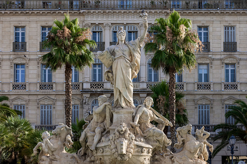 Fontaine de la Fédération (Federation Fountain) on the Place de la Liberté, the main square in the center of Toulon. The monument was created in 1852 by architect Gaudensi Allar and sculptor André-Joseph Allar; Toulon, France