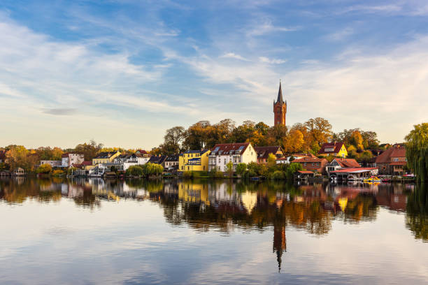 View over the lake Haussee to the city Feldberg, Germany stock photo