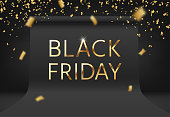 Black Friday Sale new premium banner. Photo studio with flying gold confetti. Party invitation. Golden text.