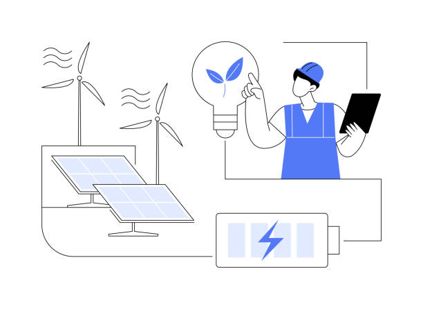 ilustrações, clipart, desenhos animados e ícones de ilustração vetorial de conceito de armazenamento de energia. - alternative energy wind turbine environment energy