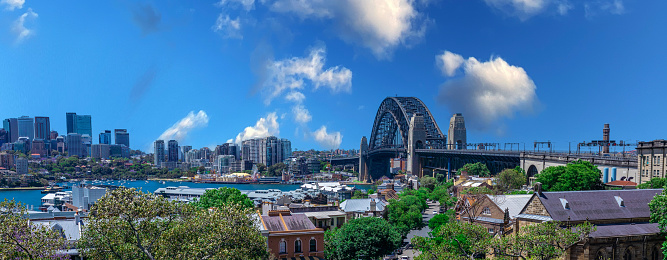 Cityscape of Sydney, Australia, in early summer at dusk and night. Majestic Sydney Harbor bridge, Circular Quay and the Rocks are famous areas and landmarks in Sydney.
