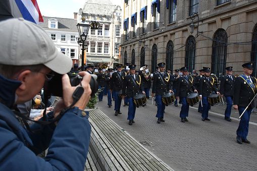 View Of Spectators Looking Around, Taking Picture, Nederlands Politie Orkest Playing Music On The Street During Prinsjesdag, The Day On Which King Willem Alexander Of The Netherlands Addresses A Joint Session Of The Dutch Senate And House Of Representatives To Give The Speech From The Throne Setting Out The Main Features Of Government Policy For The Coming Parliamentary Session In The Hague The Netherlands Europe