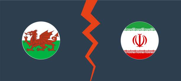 флаг уэльса против ирана с кольцевой границей. - iran wales stock illustrations