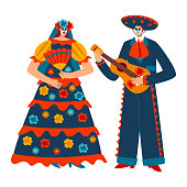 istock Character male female mexican costume motley carnaval people, traditional mexico suit isolated on white, flat vector illustration. 1443557176