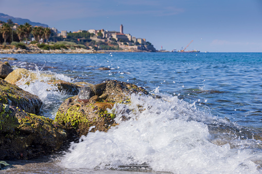 view of the coast and the citadel of Bastia on a summer day; Bastia, France