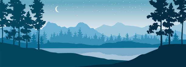 Paisagens de inverno com montanhas e pinheiros. - ilustração de arte em vetor