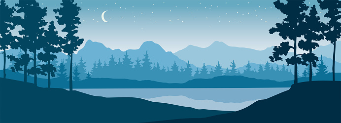 Vector illustrations, narrow background -- Nordic mountain lake.