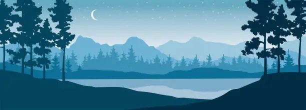 Vector illustration of Winter landscapes with mountains and pines.