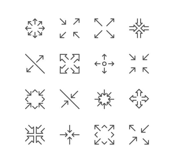 Set of arrow and technology icons. Set of arrow and technology icons, size, scale, decrease, edit, resize, line, view, reduce and linear variety vectors. contracting stock illustrations