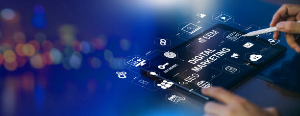 istock Digital marketing business technology banner web with copy space. Website advertisement email social media network, SEO, SEM video and mobile application icons in virtual screen. 1443560904