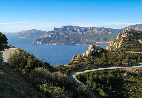 Calanques cliffs coast near Marseille with famous stretch of road between Cassis and La Ciotat