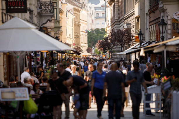 Crowded Vaci utca street in Budapest, Hungary