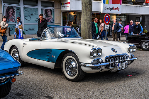 Limburg, Germany - April 2, 2017: white blue Chevrolet Corvette C1 convertible cabrio 1958