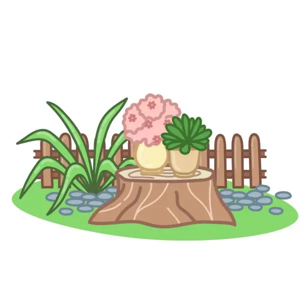 Vector illustration of Garden lawn with stump and plants. Cute backyard. Colorful hand drawn art. Vector illustration isolated on white background.