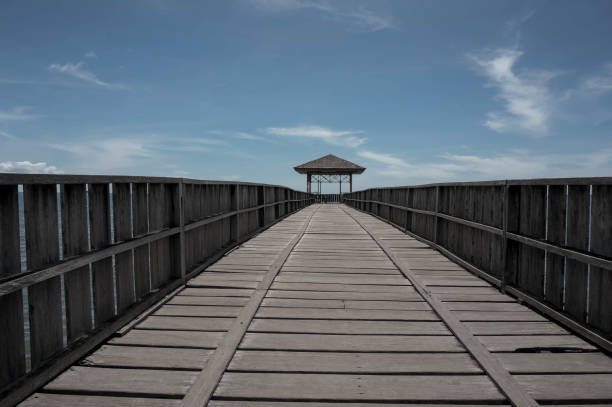 wooden bridges prespective background with blue sky