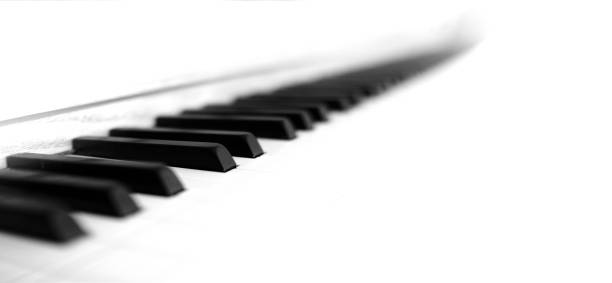 istock Bright White Piano Keys on Old Piano Close up High Toned Panoramic 1443570248