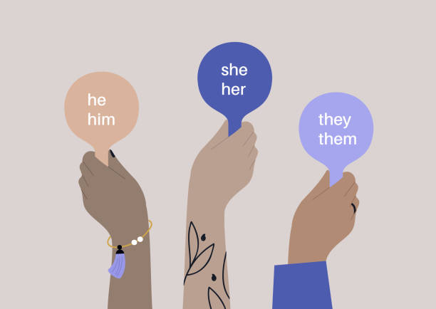 Hands holding pads with pronoun variations, gender equality, pride month Hands holding pads with pronoun variations, gender equality, pride month Master Pronouns stock illustrations