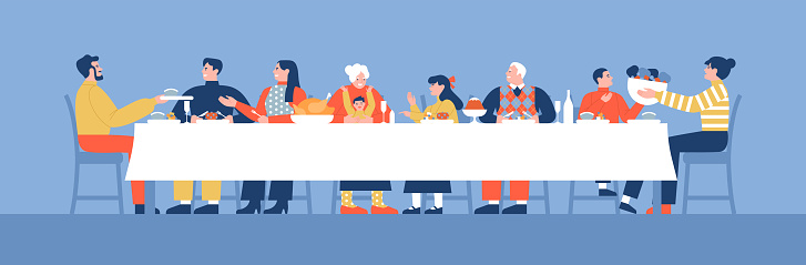 Big happy family eating together at dinner table on special holiday celebration or birthday event. Modern people cartoon illustration concept includes children, parents and grandparents.