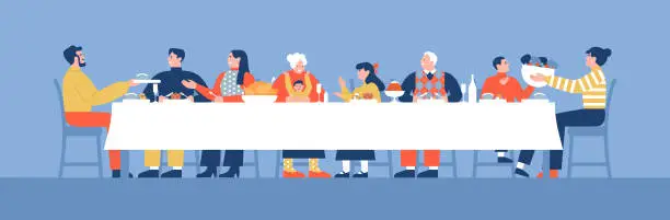 Vector illustration of Family people cartoon eating dinner table together