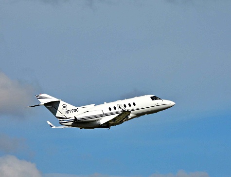 Boca Raton, Palm Beach County, Florida, USA, November 15, 2022. A Beechcraft 
fixed wing multi engine 17 seats / 2 engines N777DC taking off from the Boca Raton Airport.