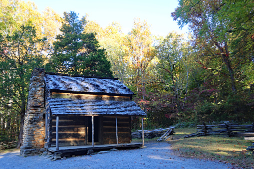 Monongalia County, West Virginia, USA - September 20, 2022: A rustic group picnic shelter at Coopers Rock State Forest near Morgantown is a popular location for group gatherings.