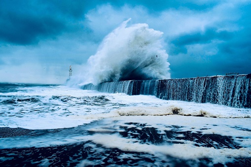 One of the biggest storms in decades in the United Kingdom. Huge waves created by wind gusts  of up to 122 miles per hour