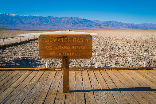 Badwater Basin wood sign at Salt Flats in Death Valley National Park, California
