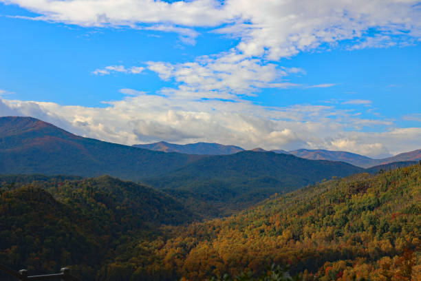 Vast Smoky Mountain range with autumn color and vibrant blue sky