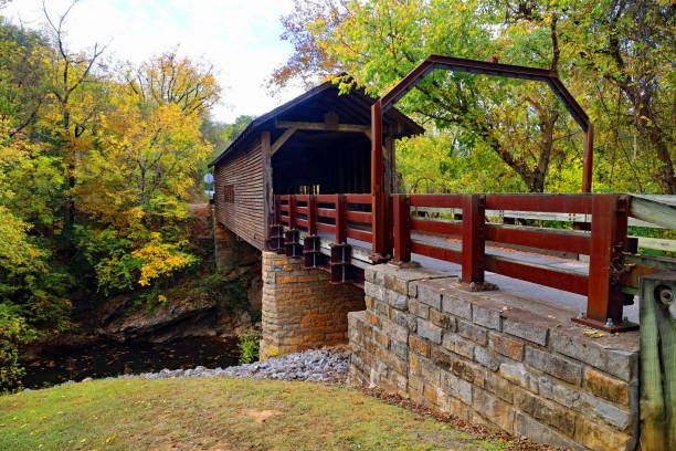 istock Old covered bridge with vibrant autumn colored leaves 1443576545