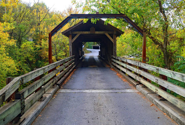 istock Old covered bridge with vibrant autumn colored leaves 1443576582
