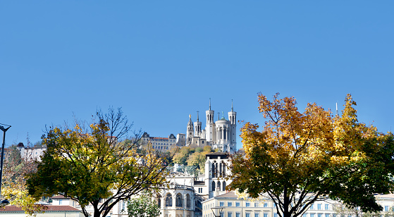 Autumn Panorama of Lyon with the magnificent basilica our lady of Fourvière.