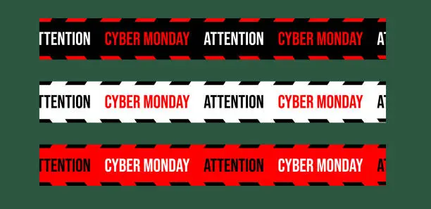 Vector illustration of Cyber monday big sale stripes set. Warning tapes set for awareness zone sign, marketing advertising, discounts area, decoration element for banners, posters. Vector illustaration