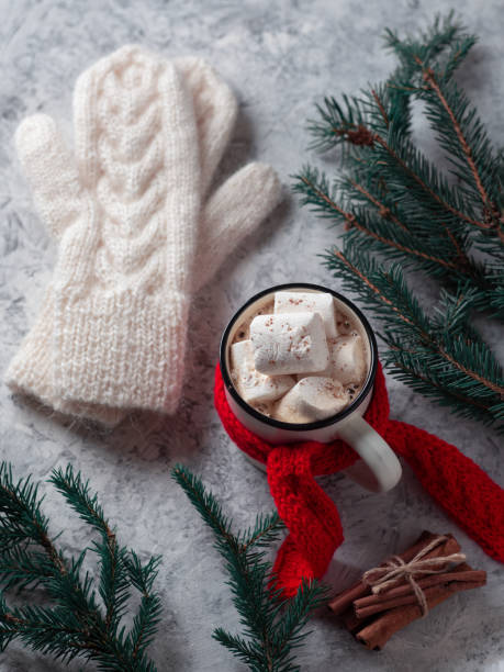 istock Hot chocolate or coffee with marshmallows on a white concrete table with Christmas tree branches, warm knitted mittens and a red scarf 1443578290